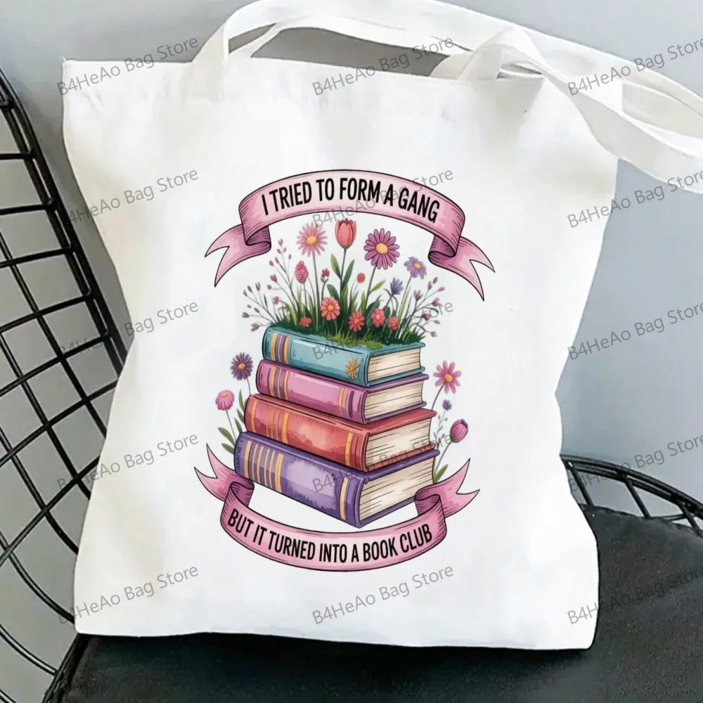 Women Canvas Shopping Bag Casual Large Capacity Book Print Female Shoulder Bag Eco Handbag Tote Reusable Grocery Shopper Bags
