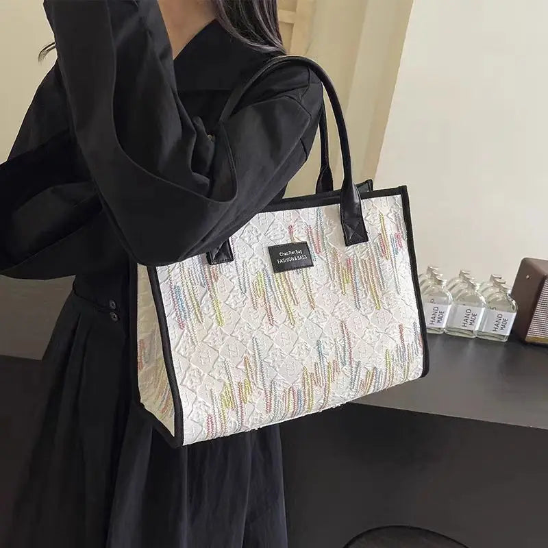 Women Ethnic Style Canvas Shoulder Bag Large Capacity Versatile Tote Bag Fashion Portable Commuter Bag For Daily Use