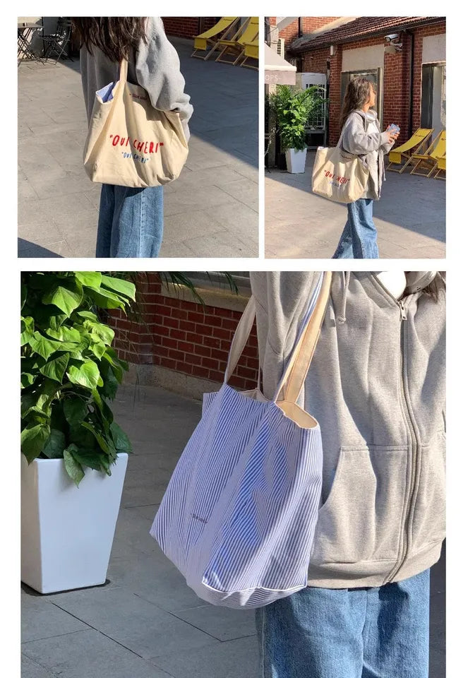Versatile Double Striped Embroidered Tote Bag - Women's Large Capacity Commuter Canvas Backpack for School