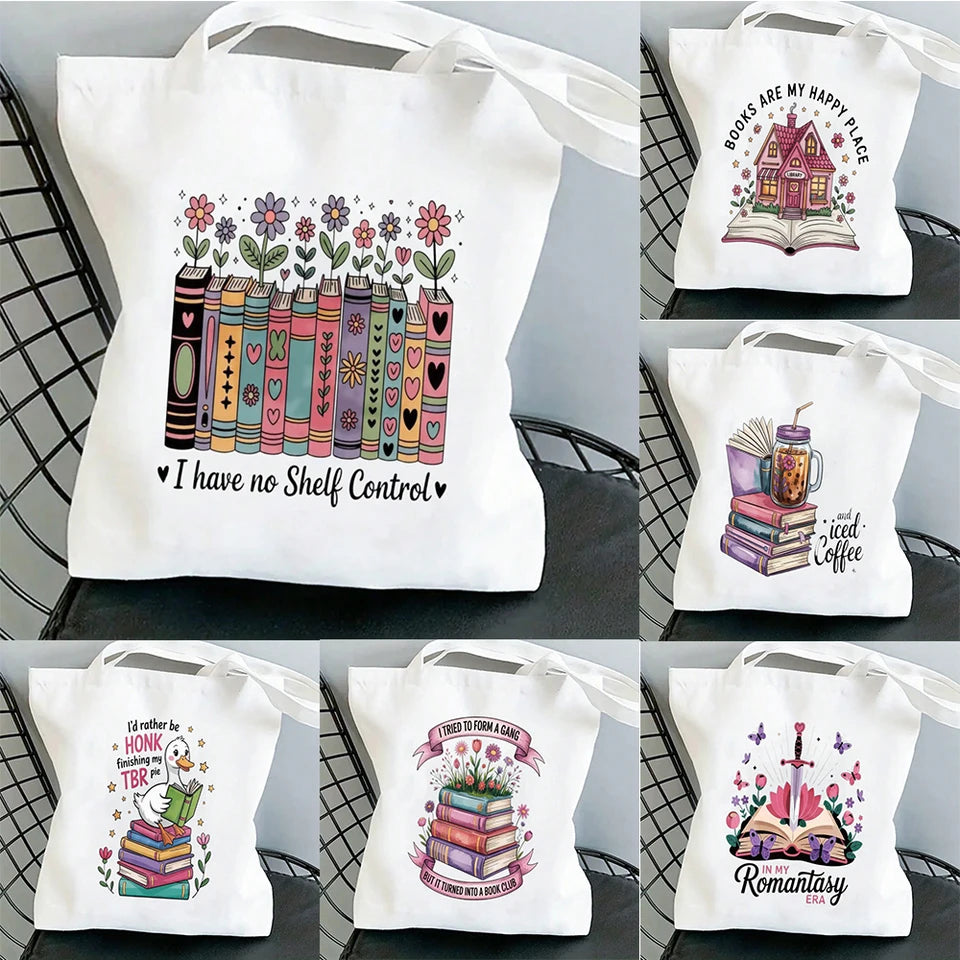 Women Canvas Shopping Bag Casual Large Capacity Book Print Female Shoulder Bag Eco Handbag Tote Reusable Grocery Shopper Bags