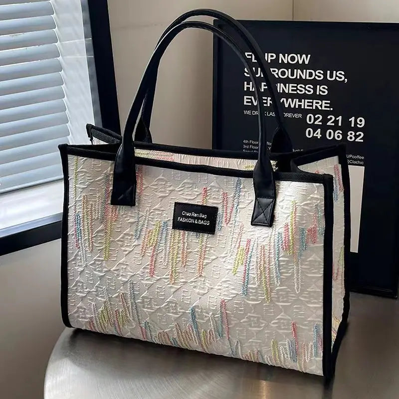Women Ethnic Style Canvas Shoulder Bag Large Capacity Versatile Tote Bag Fashion Portable Commuter Bag For Daily Use