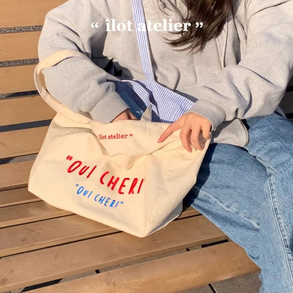 Versatile Double Striped Embroidered Tote Bag - Women's Large Capacity Commuter Canvas Backpack for School