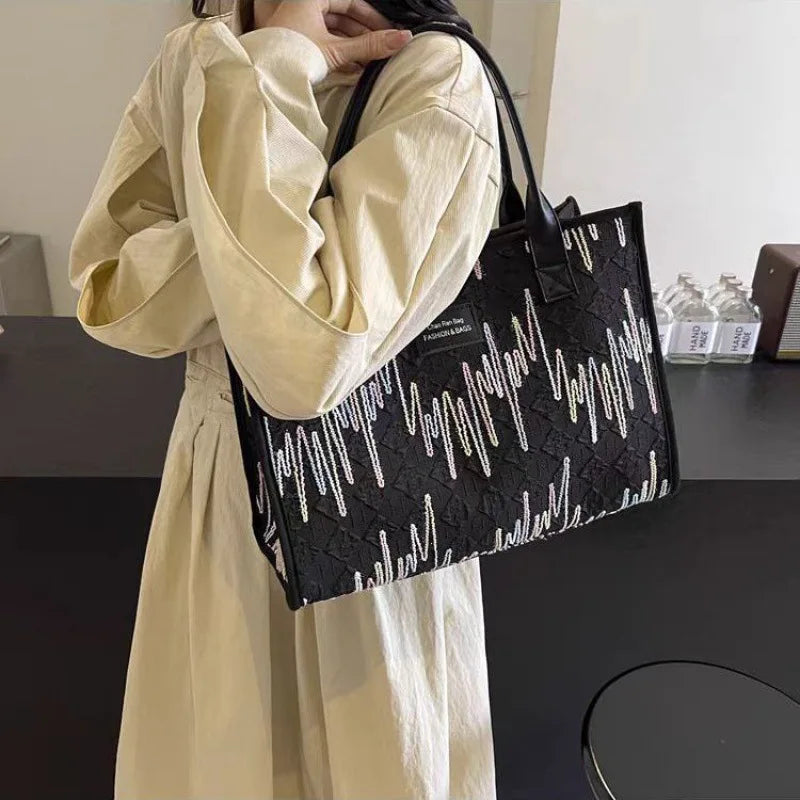 Women Ethnic Style Canvas Shoulder Bag Large Capacity Versatile Tote Bag Fashion Portable Commuter Bag For Daily Use