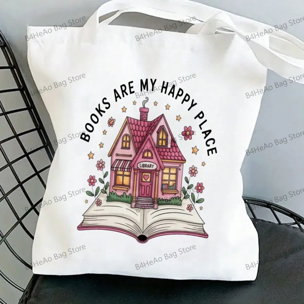 Women Canvas Shopping Bag Casual Large Capacity Book Print Female Shoulder Bag Eco Handbag Tote Reusable Grocery Shopper Bags