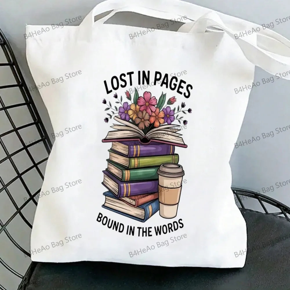 Women Canvas Shopping Bag Casual Large Capacity Book Print Female Shoulder Bag Eco Handbag Tote Reusable Grocery Shopper Bags