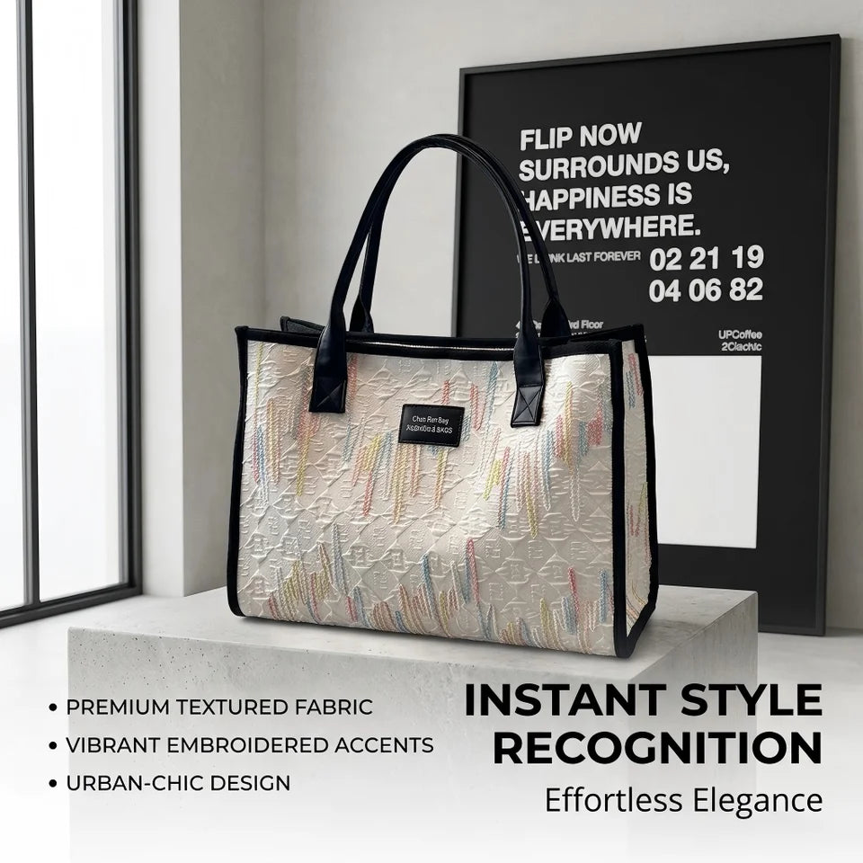 Women Ethnic Style Canvas Shoulder Bag Large Capacity Versatile Tote Bag Fashion Portable Commuter Bag For Daily Use