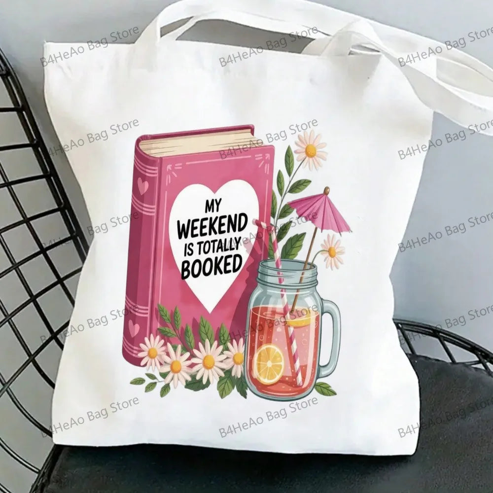Women Canvas Shopping Bag Casual Large Capacity Book Print Female Shoulder Bag Eco Handbag Tote Reusable Grocery Shopper Bags