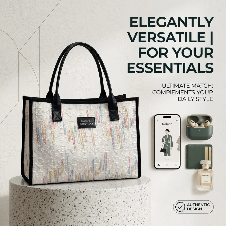 Women Ethnic Style Canvas Shoulder Bag Large Capacity Versatile Tote Bag Fashion Portable Commuter Bag For Daily Use