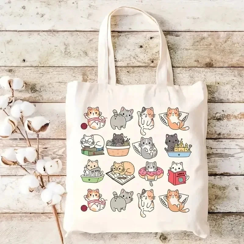 Cute Cat Print Tote Bag Large Capacity Shoulder Shopping Bag for Leisure and Everyday Use Multipurpose Reusable Fashion Handbag
