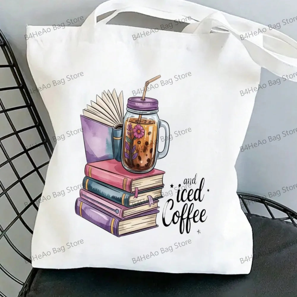 Women Canvas Shopping Bag Casual Large Capacity Book Print Female Shoulder Bag Eco Handbag Tote Reusable Grocery Shopper Bags