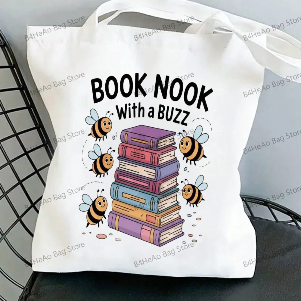 Women Canvas Shopping Bag Casual Large Capacity Book Print Female Shoulder Bag Eco Handbag Tote Reusable Grocery Shopper Bags